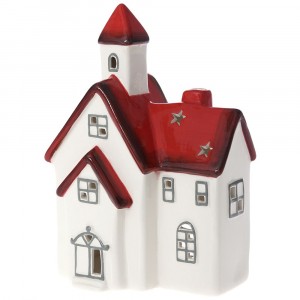 Керамичен светилник бяла къща с червен покрив, гланц, 12х8х18 см