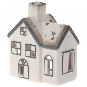 Керамичен светилник къща, гланц, бяло и сиво, 10х7х12 см