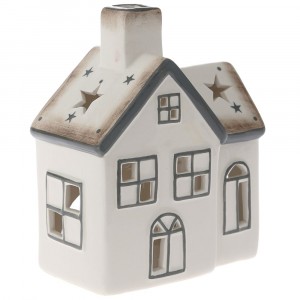 Керамичен светилник къща, гланц, бяло и сиво, 12х8х16 см