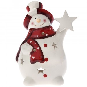 Керамичен Снежко гланц, бяло и червено, 13х11х19 см