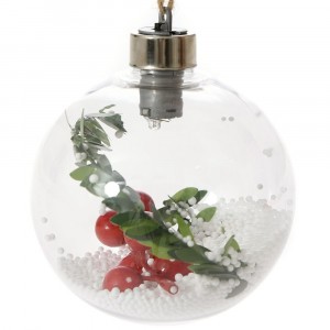 Топка светеща с вътрешна декорация, сняг и плодчета,  ф 8 см