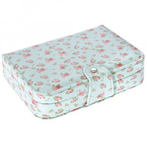 Кутия за бижута от кожа, синя с рози, 20х14х5 см