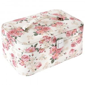 Кутия за бижута от кожа, бяла с рози, 22х15х11 см