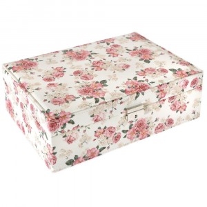 Кутия за бижута от кожа, бяла с рози, 30х22х11 см