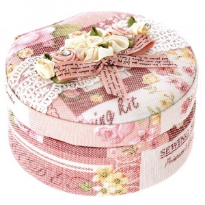 Кутия за бижута кръг, плат, рози, розово, 10х10х5 см