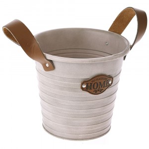 Метална кофа с кожени дръжки, розова, Ф18х16 см
