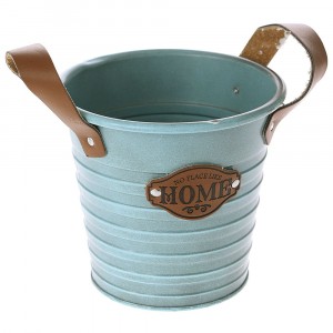 Метална кофа с кожени дръжки, синя, Ф15х14 см