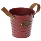 Метална кофа с кожени дръжки, червена, Ф15х14 см