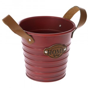 Метална кофа с кожени дръжки, червена, Ф15х14 см