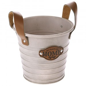 Метална кофа с кожени дръжки, розова, Ф15х14 см