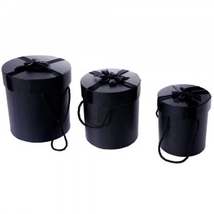 Картонена кутия с панделка, черна, комплект 3 бр.,Ф14х14/17х19/20х25 см