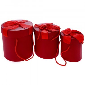 Картонена кутия с панделка, червена, комплект 3 бр.,Ф14х14/17х19/20х25 см