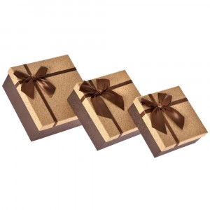 Катронени кутии комплект 3 бр, беж и кафе, панделка, 15х15х7/17х17х8/19х19х10 см