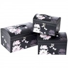 Катронени кутии куфар, комплект 3 бр, черни с пеперуда, 22х15х15/26х17х17/30х20х20 см