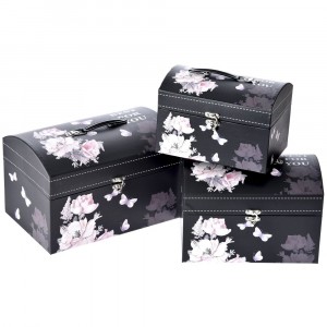 Катронени кутии куфар, комплект 3 бр, черни с пеперуда, 22х15х15/26х17х17/30х20х20 см