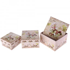 Картонена кутия Винтидж, рози, розова, комплект 3 бр, 11х11х5/13х13х6/15х15х7 см