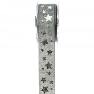 Коледна панделка, зебло, сиви звезди, 3,5 Х 18 М