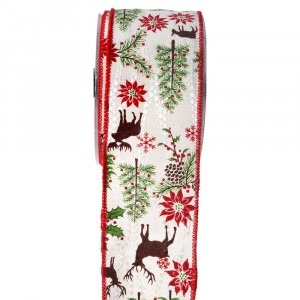 Панделка щампа, коледа в гората, червен кант, 7 Х 9,1 М