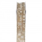 Панделка зебло щампа, MERRY CHRISTMAS, беж, 4,5 Х 9,10 М