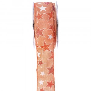  Коледна панделка плат, праскова, звезди, 4,5 см Х 9 М