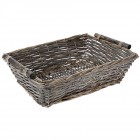 Плетен панер с дървени дръжки, претрито сиво, 49х35х16  см