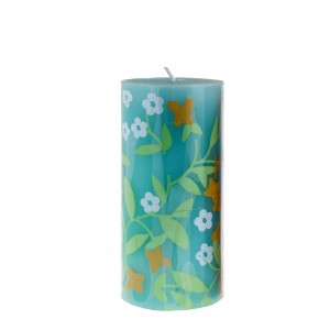 Свещ колона синя  цветя ,15см.(12/24)