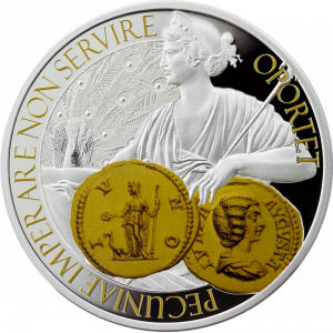 Сребърна монета „Монета, Богинята на парите и закрилата“, с частично златно покритие